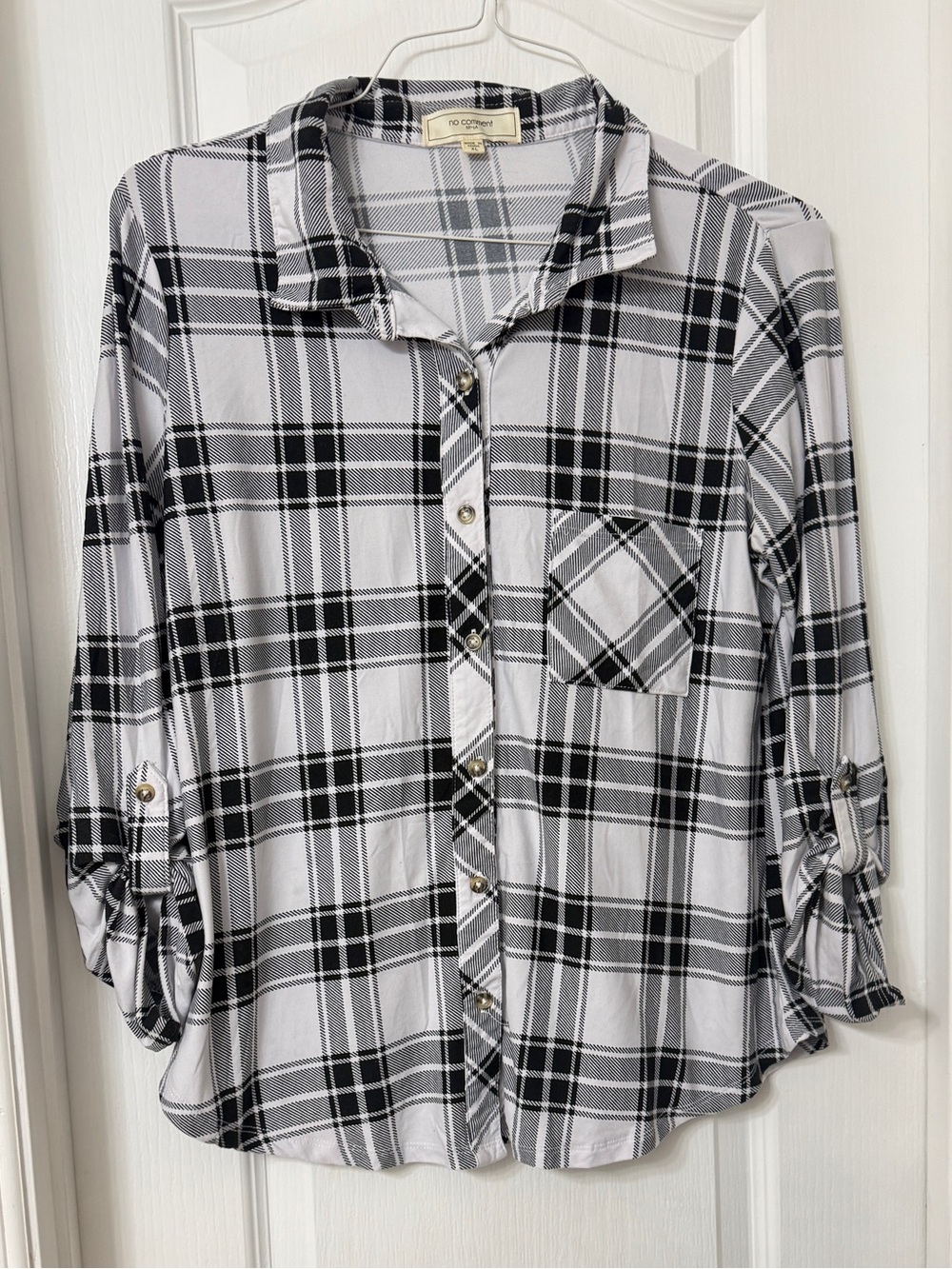 No Comment black and white plaid button down long sleeve roll tab shirt soft XL
